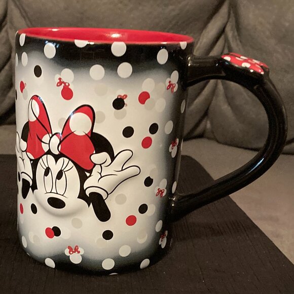 Disney Minnie Mouse Coffee Mug Cup-3D Black/White & Red Polka-Hair Bow on Handle - Picture 5 of 9